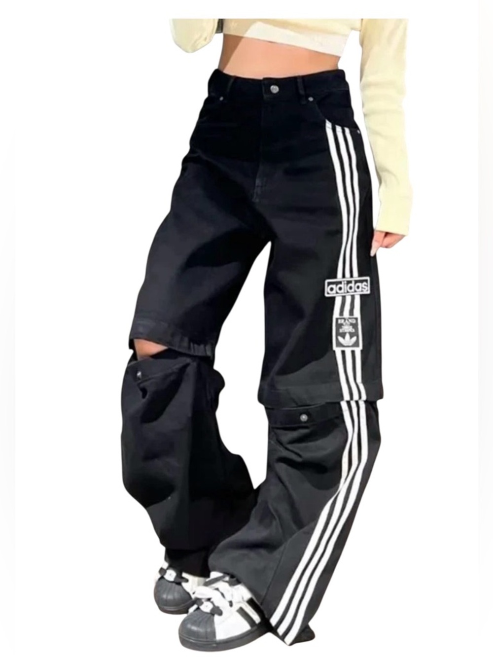 adidas womens Adibreak Denim Two-In-One Pants Black and white Size 26